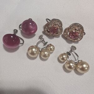 Pink Crystal & Pearl Clip-On Earring Trio - Women Jewelry